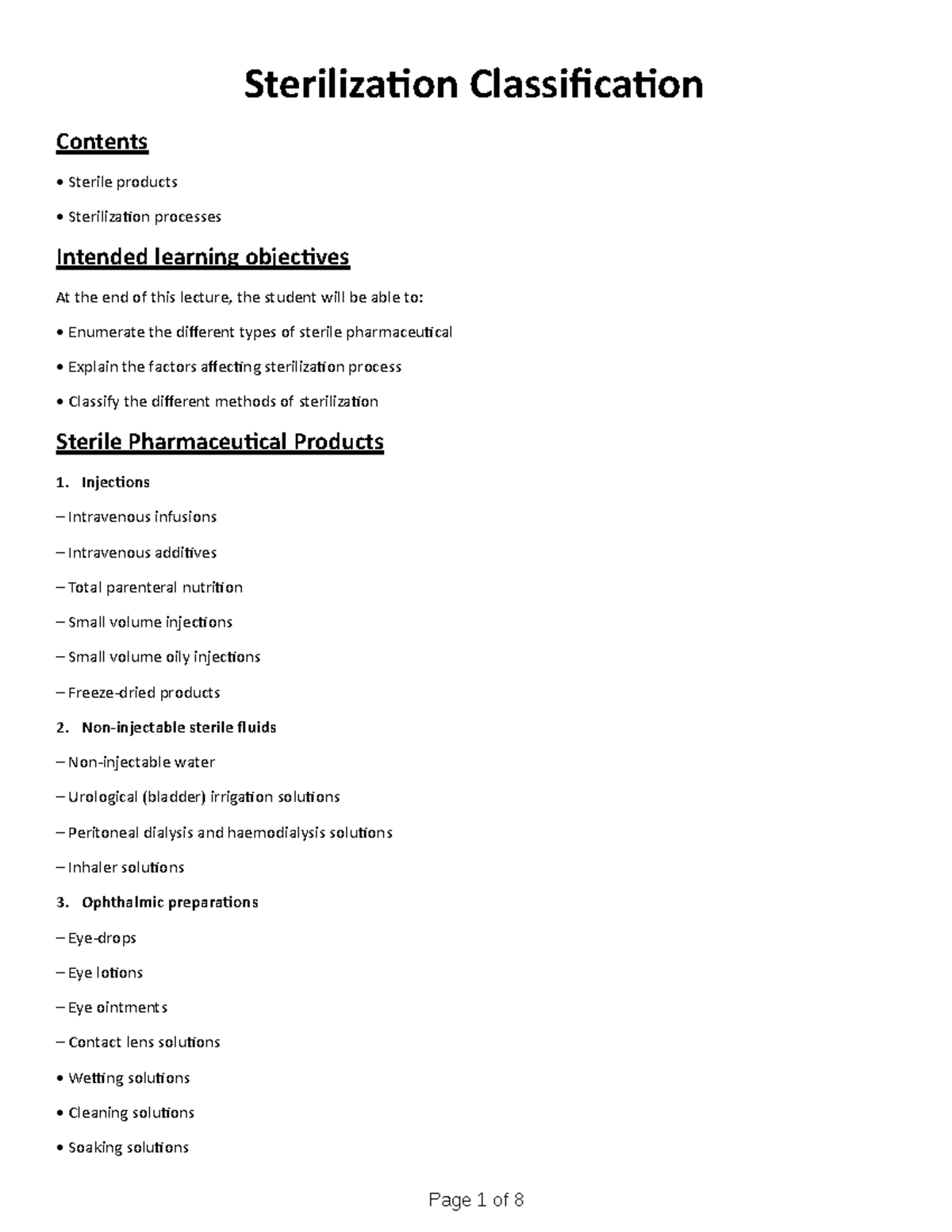 Sterilization classification Page 1 of 8 Contents Sterilization