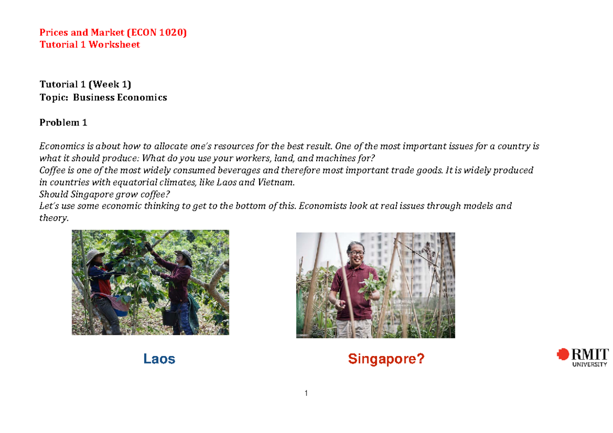 Prices&Market (ECON1020) Tutorial Worksheet - Week 1 - Prices and ...