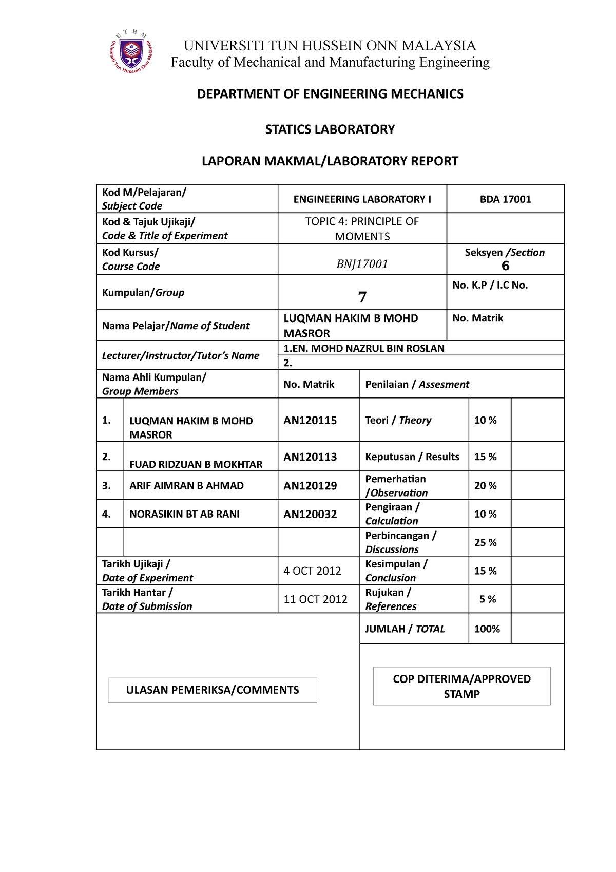 principle of moments experiment lab report discussion