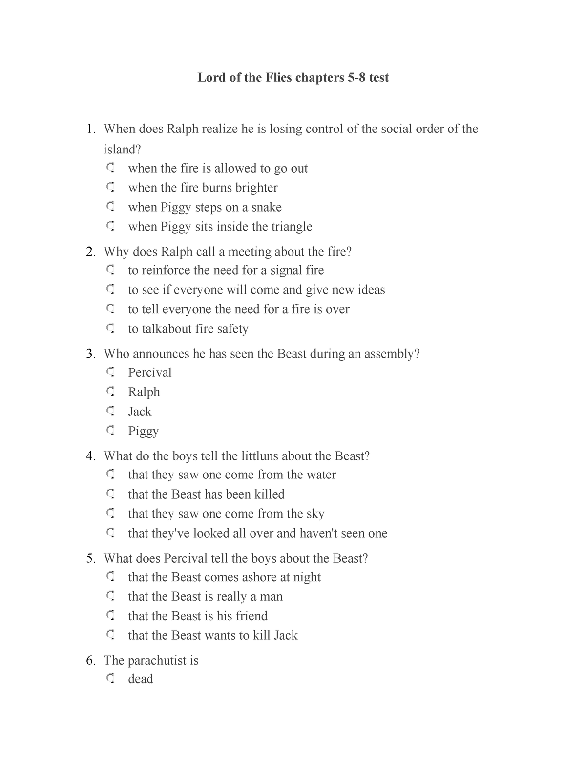 Lord Of The Flies Chapters 5-8 Quiz Revised - Lord Of The Flies ...