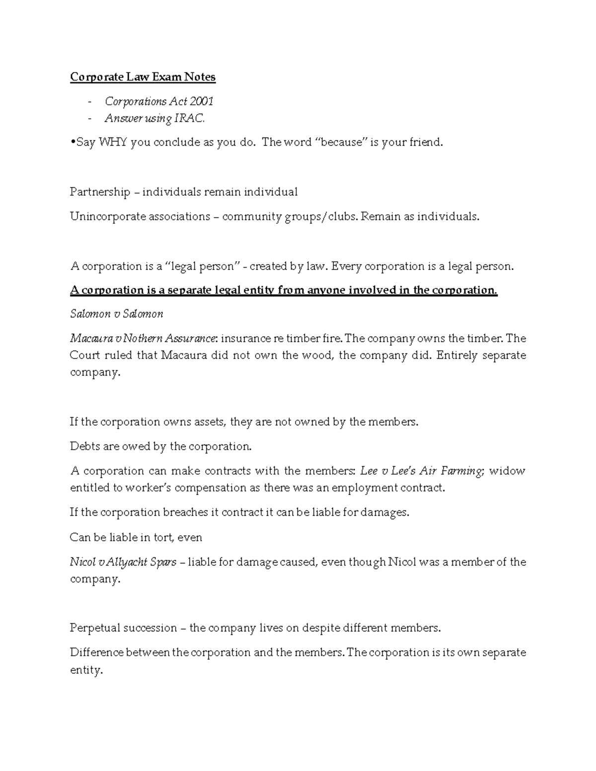 Corporate Law Exam Notes - Corporate Law Exam Notes Corporations Act ...