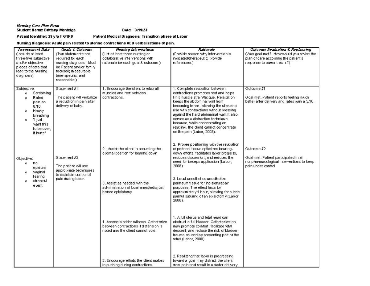 Maternity Care Plan 2 - Maternal Care plan - Nursing Care Plan Form ...