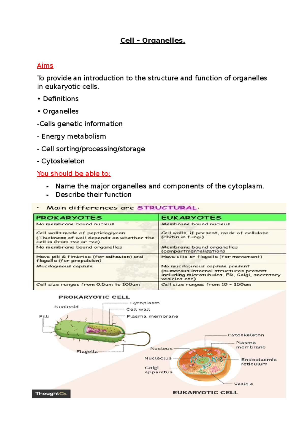 Cell and Organelles revision guide - Cell – Organelles. Aims To provide ...