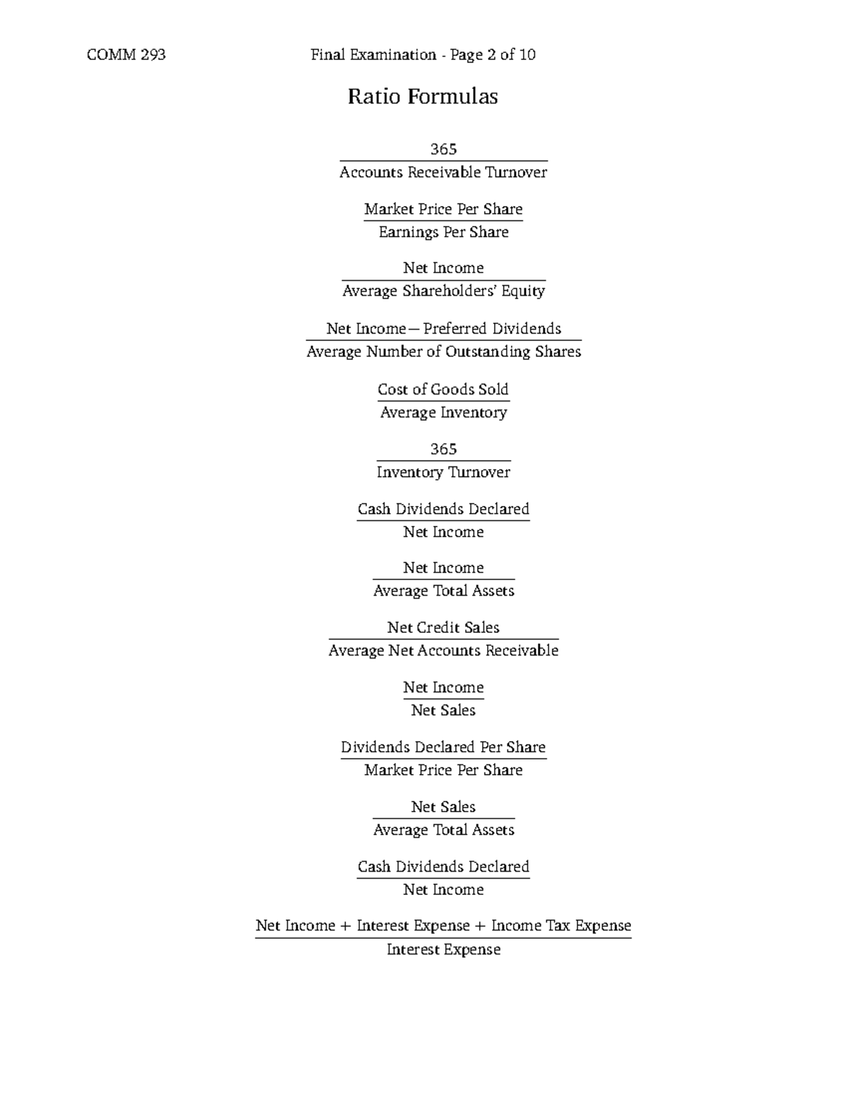 Samplesheet-Formula Sheet - COMM 293 Final Examination - Page 2 Of 10 ...