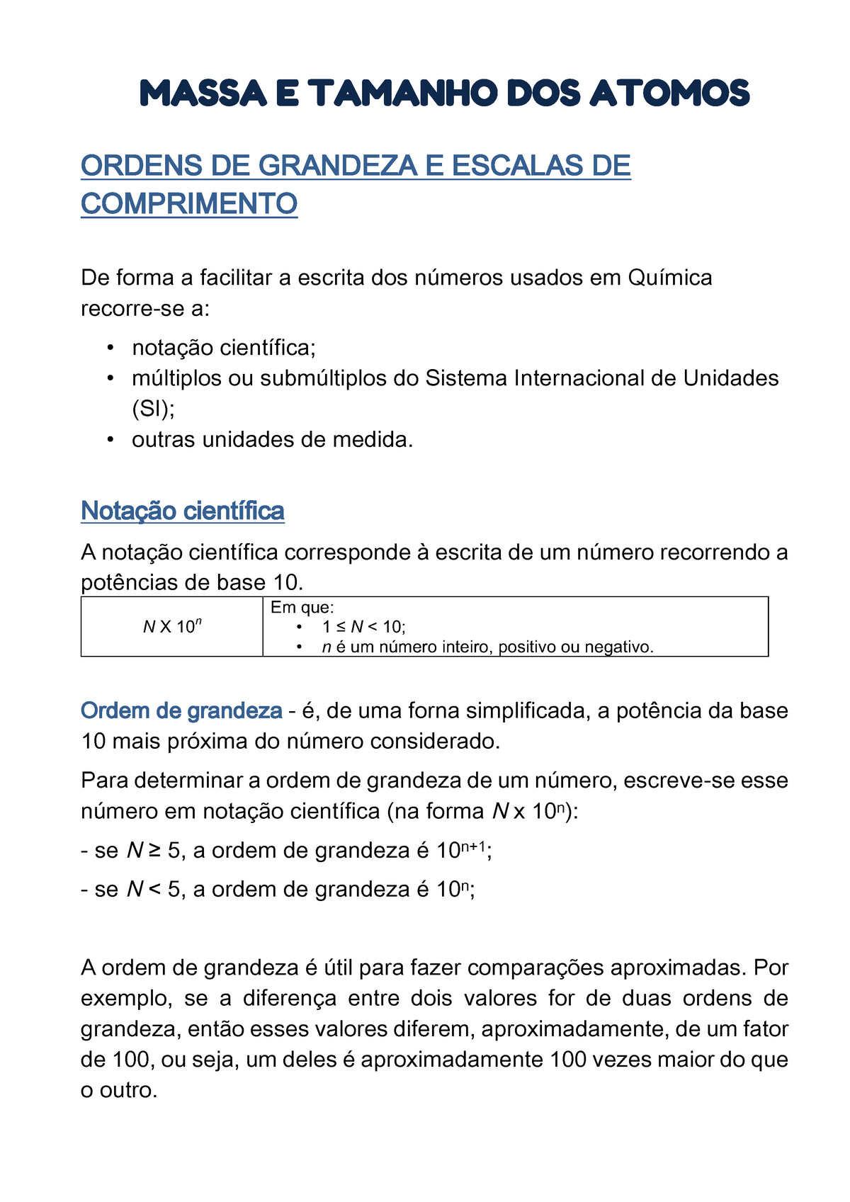 Os átomos e a Notação Científica - Planos de aula - 9º ano