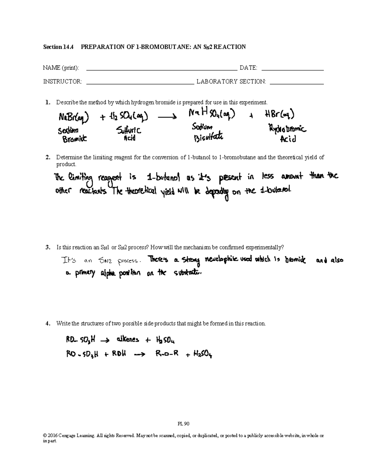 Preparation of 1 Bromobutane pre lab - PL 90 2016 Cengage Learning. All ...