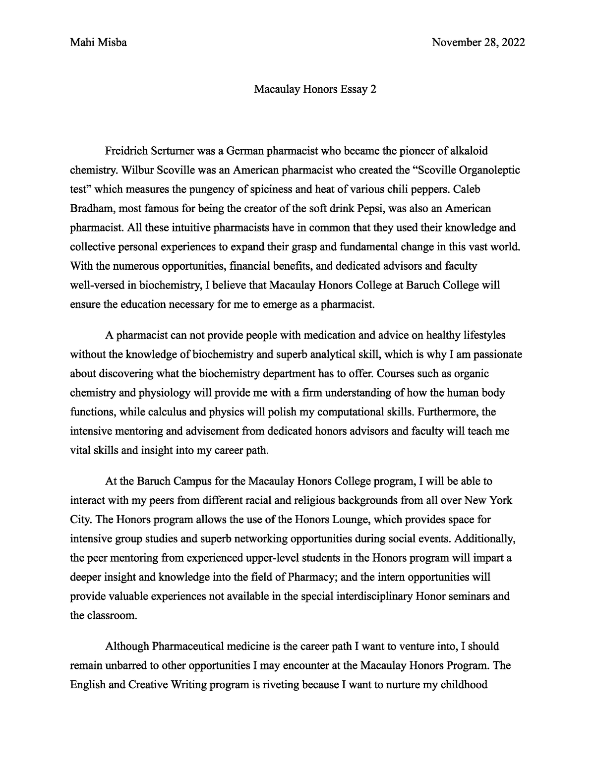 ohio university honors college essay