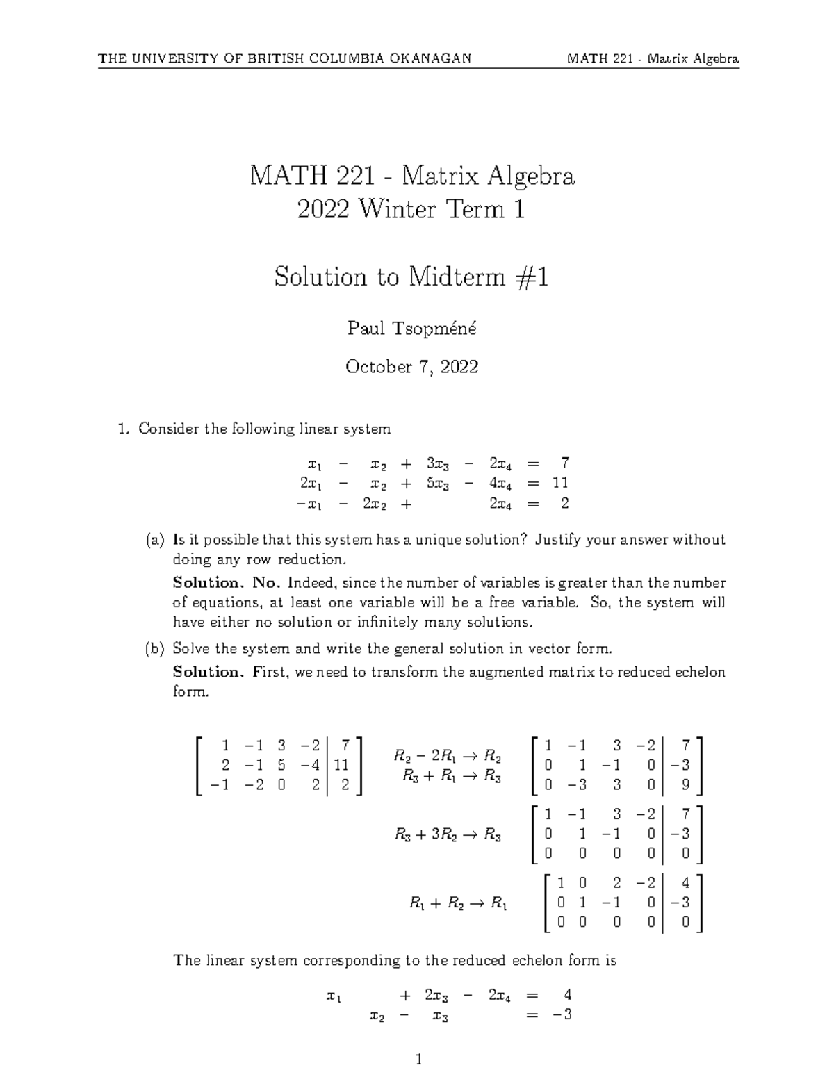 Solution 221 Midterm#1 W2022-T1 - MATH 221 - Matrix Algebra 2022 Winter ...