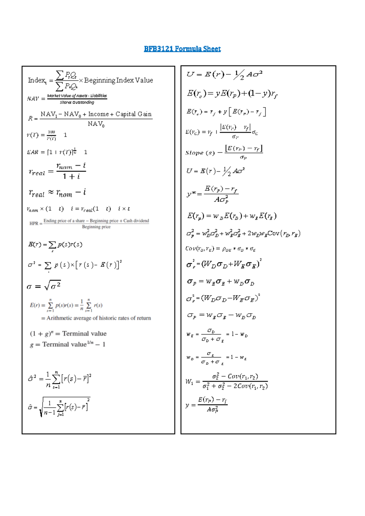 Formula Sheet - Final Exam - BFB3121 Formula Sheet 𝑁𝐴𝑉 = Market Value ...