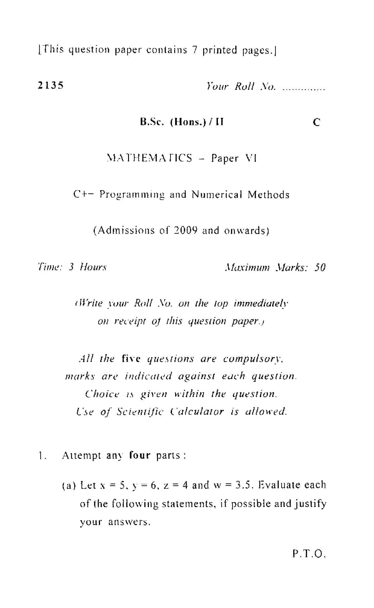 B.SC HONS-II Mathematics Paper-VI C++ Programming & Numerical Methods ...