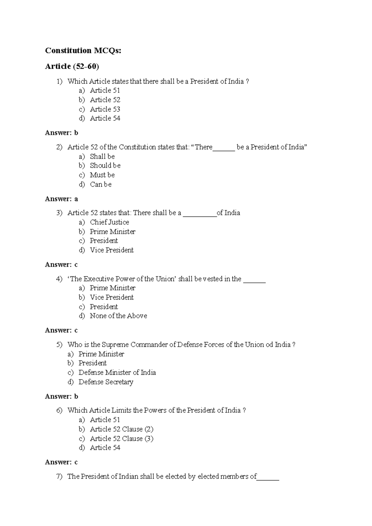 Constitutional Law (BALLB/BBALLB) Multiple Choice Questions (MCQs) Article 5260 Constitution