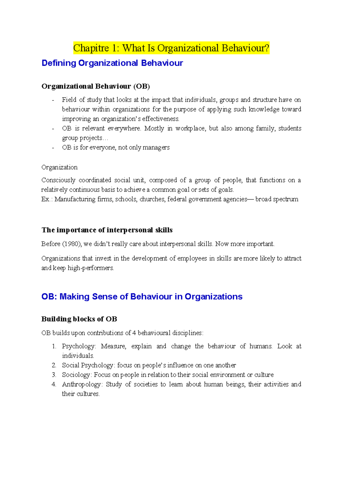 OB Summary For Midterm - Chapitre 1: What Is Organizational Behaviour ...