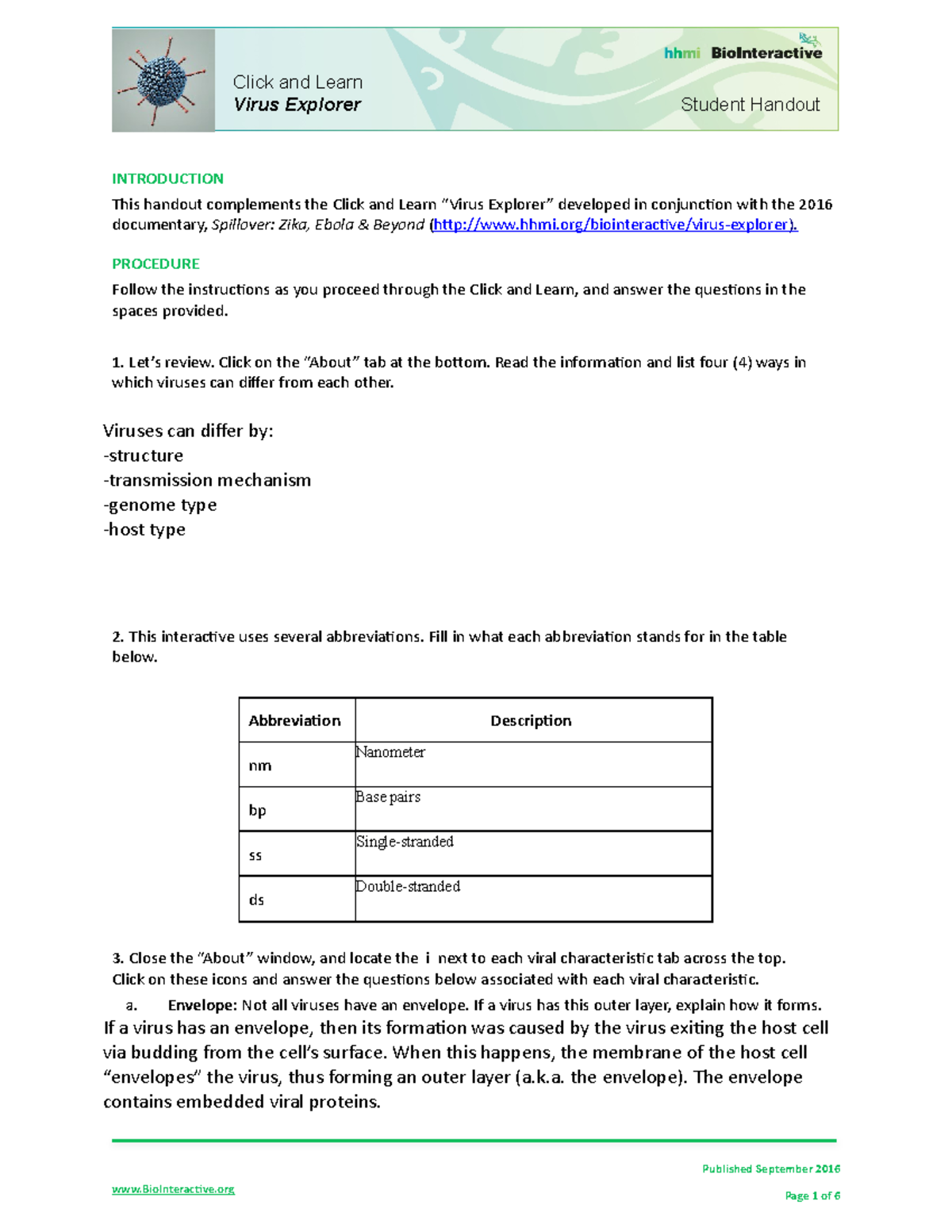 Virusexplorerworksheet INTRODUCTION This handout complements the Click and Learn “Virus