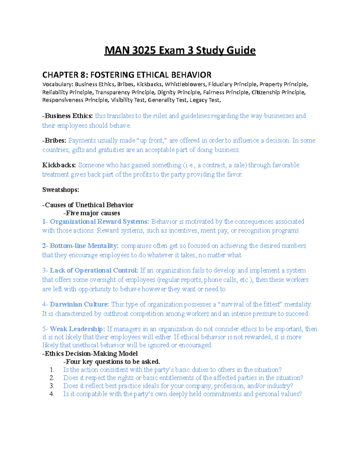 Exam 3 Study Guide Management - MAN 3025 Exam 3 Study Guide CHAPTER 8 ...