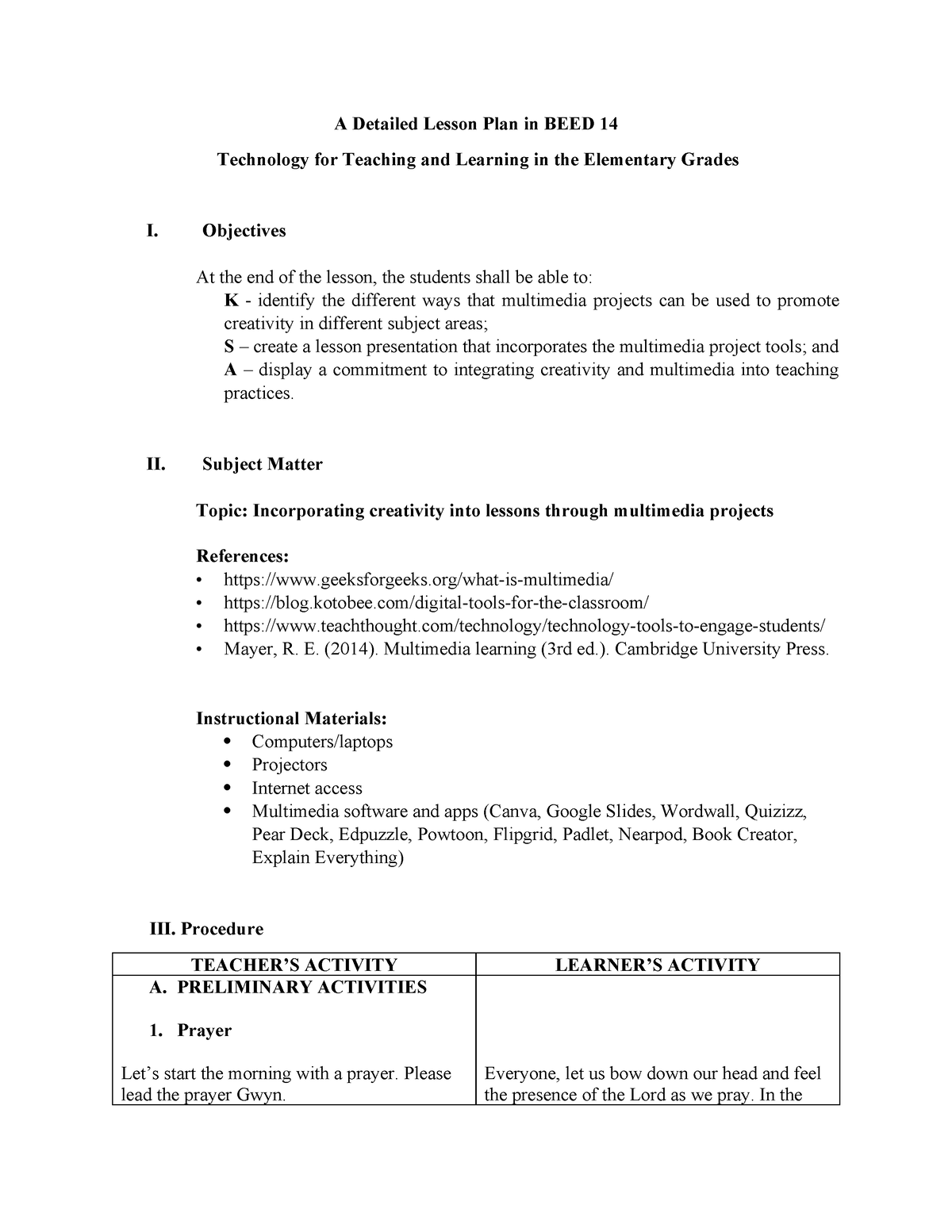 BEED 12 TTL2 Lesson PLAN - A Detailed Lesson Plan In BEED 14 Technology ...