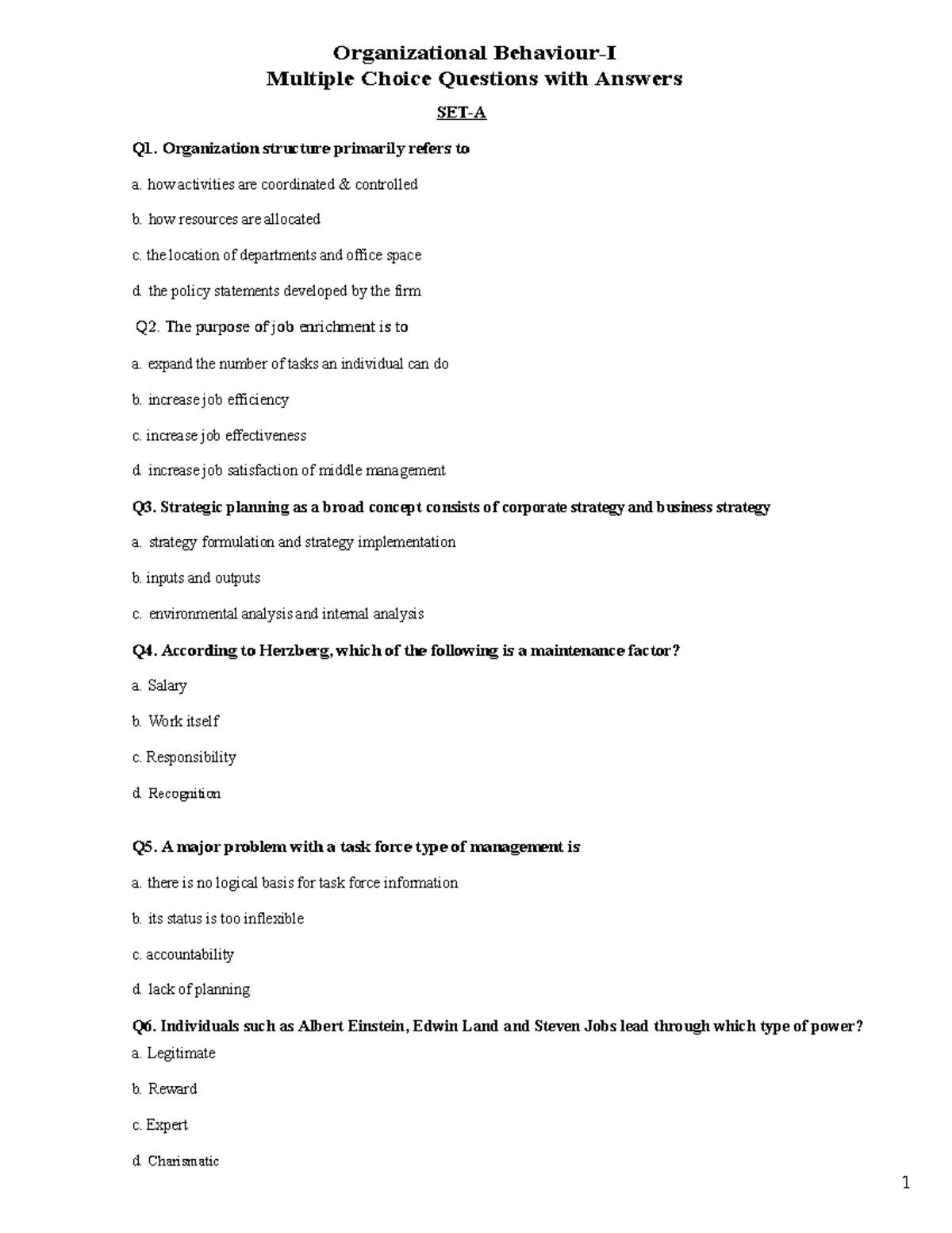 Organizational Behaviour MCQ SET MGC 114 StuDocu