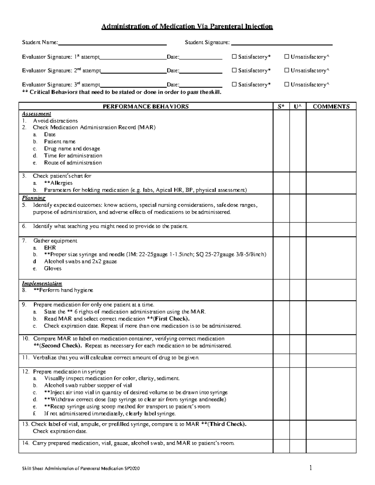 9.1 - Parenteral Injection Checklist - Skill Sheet Administration of ...