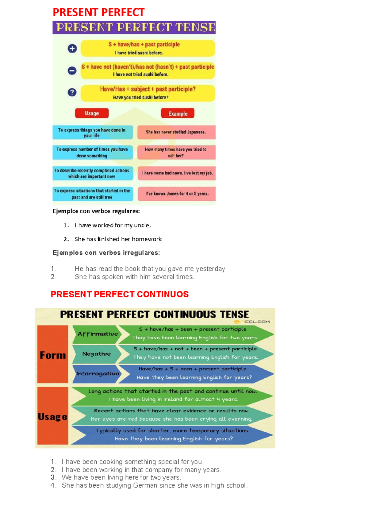 Present Perfect - PRESENT PERFECT Ejemplos con verbos regulares: 1. I ...
