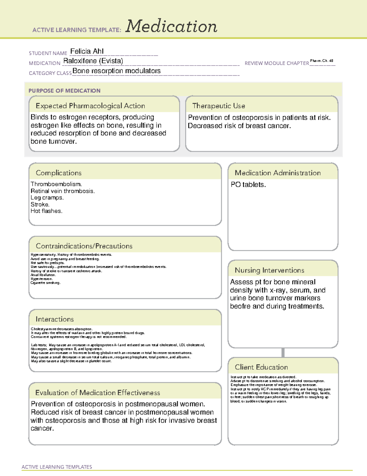 Raloxifene (evista) drug card ACTIVE LEARNING TEMPLATES Medication