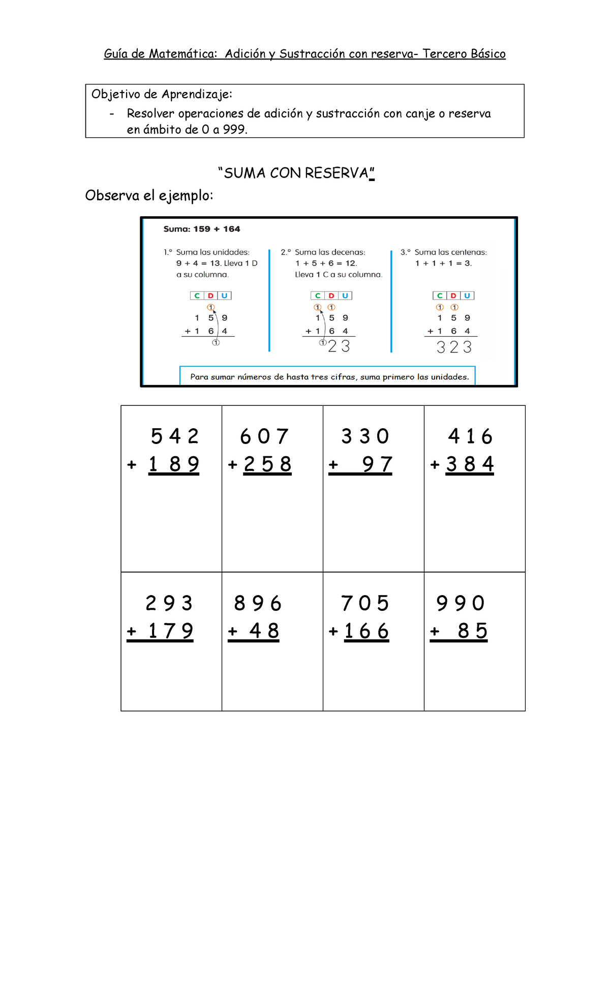 2.- Matemática - Adición y Sustracción con Reserva - Objetivo de ...