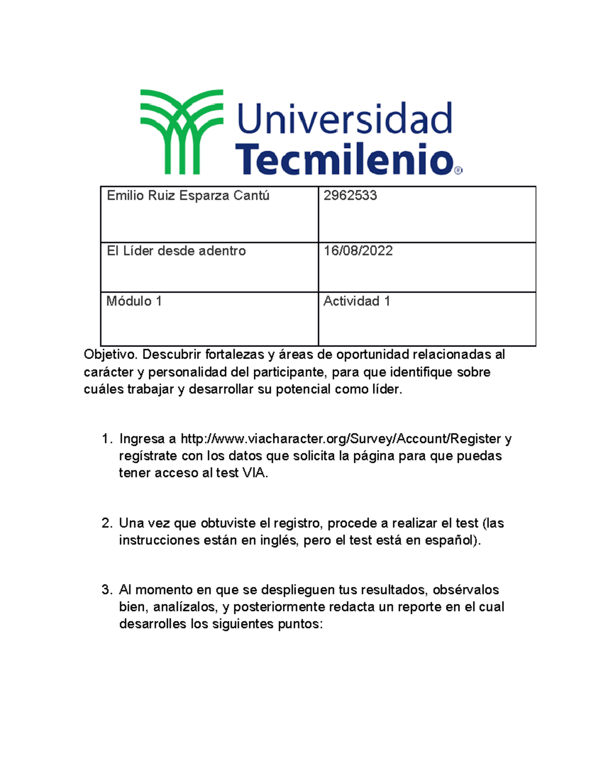El lider desde adentro - Actividad 1 - Objetivo. Descubrir fortalezas y ...