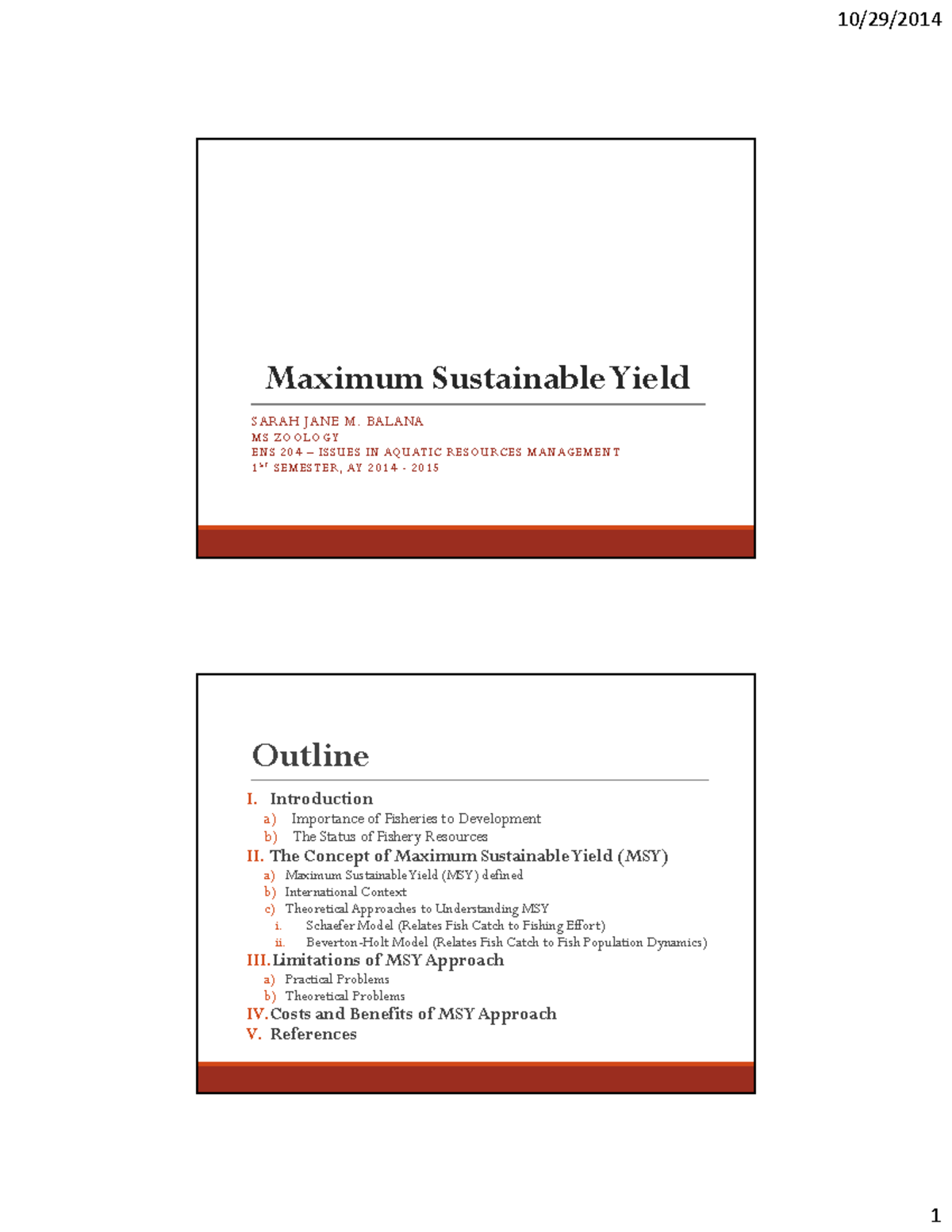 Maximum Sustainable Yield B A L A N A M S Z O O L O G Y E N S 2 0 4