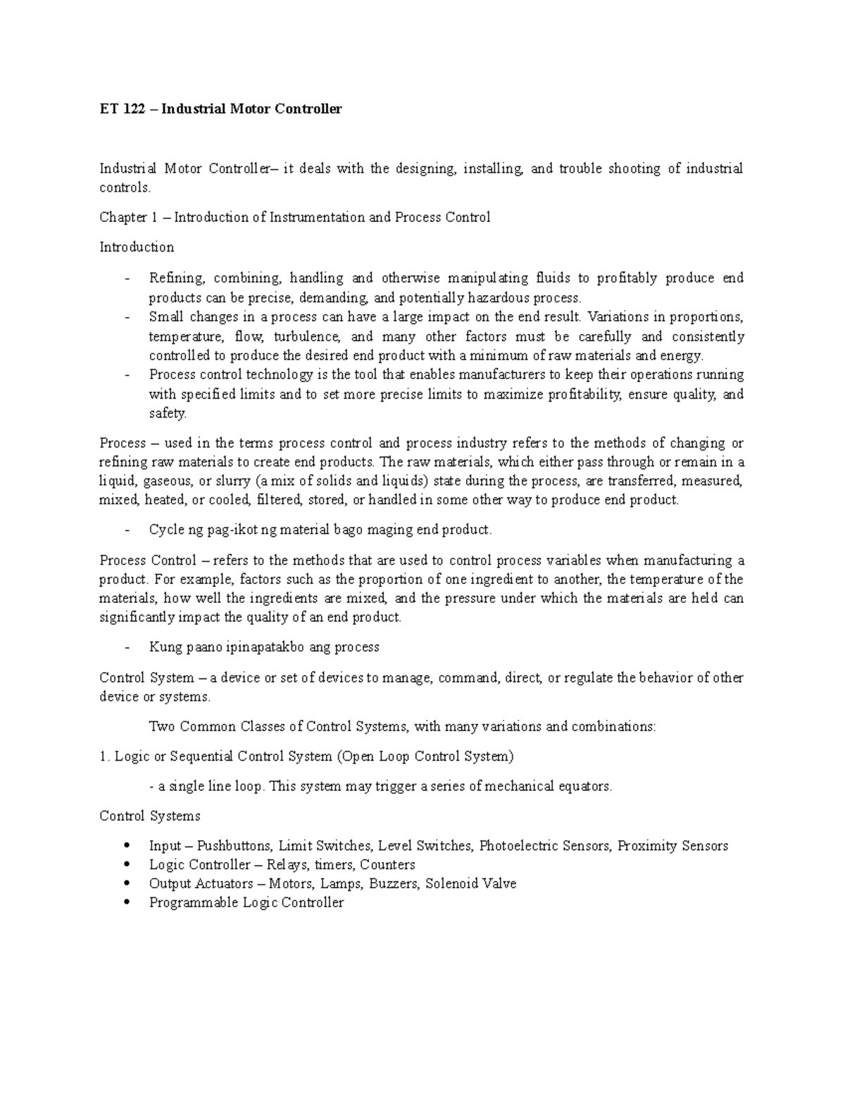 Process and Process Control - ET 122 – Industrial Motor Controller ...