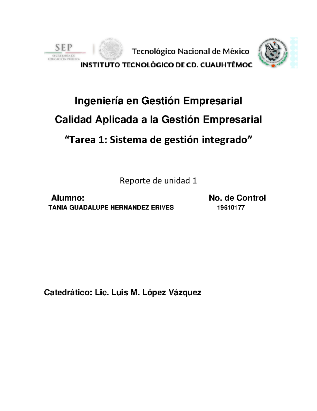 Tarea 1 - Ingeniería En Gestión Empresarial Calidad Aplicada A La ...