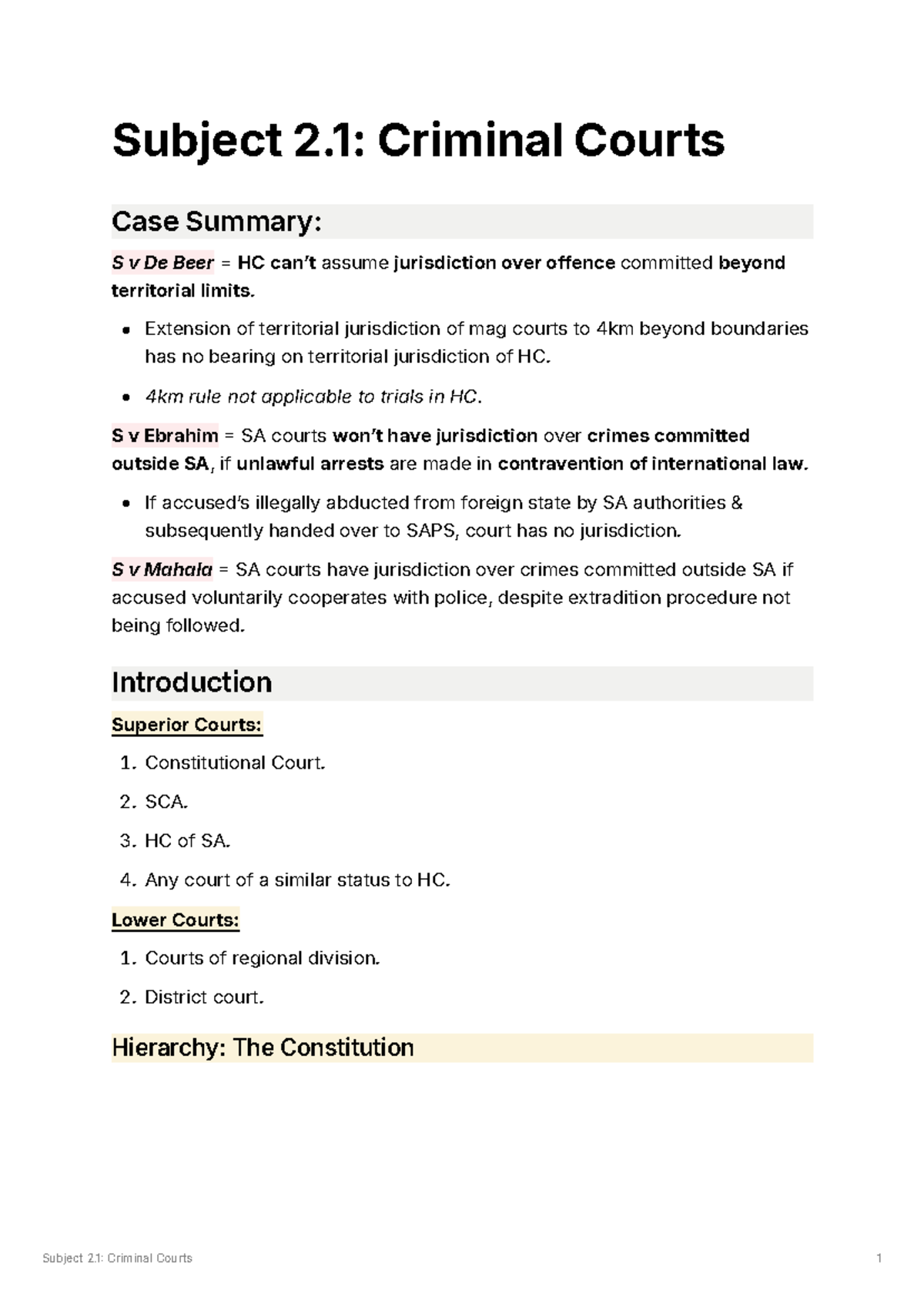 Subject 2.1 & 2.2 - Subject 2: Criminal Courts Case Summary: S v De ...