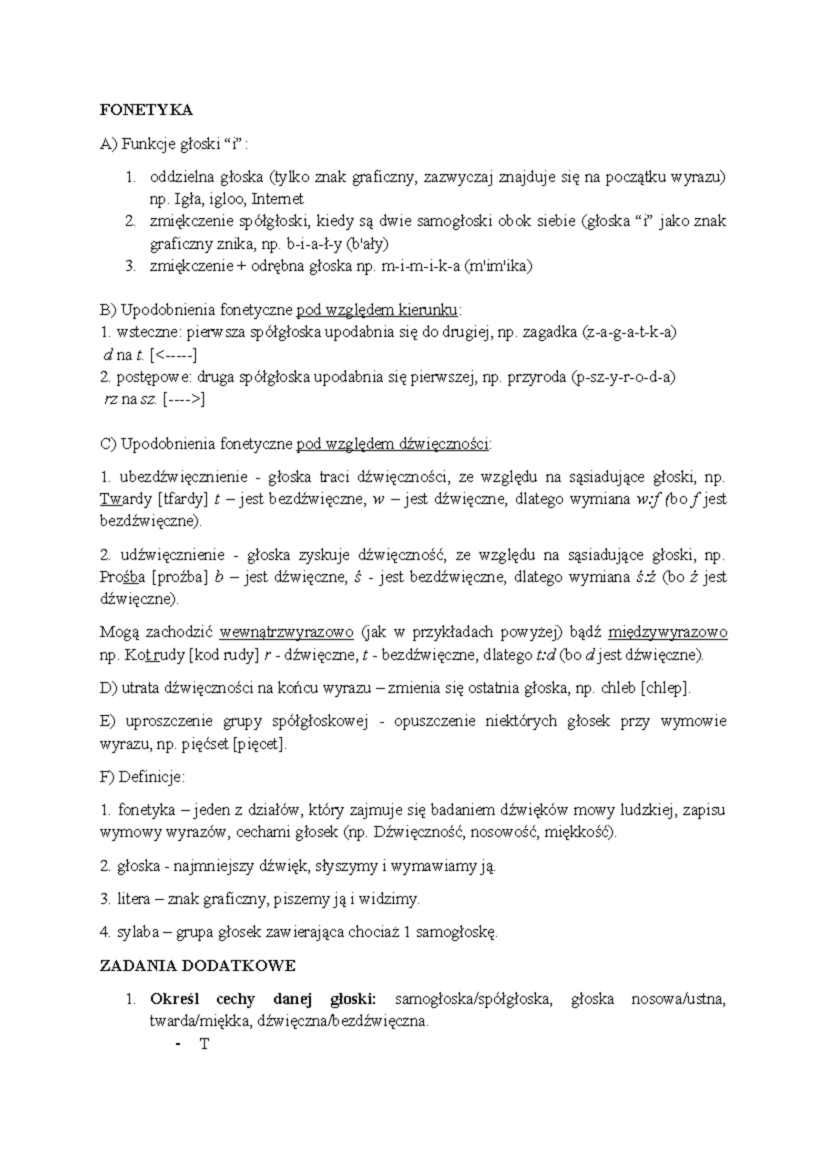 Fonetyka ściąga + zadania dla klasy 8 - FONETYKA A) Funkcje głoski “i