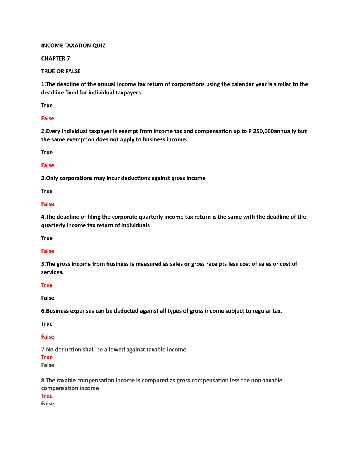 QUIZ-CHAP-7-8-1 - Intax - INCOME TAXATION QUIZ CHAPTER 7 TRUE OR FALSE ...