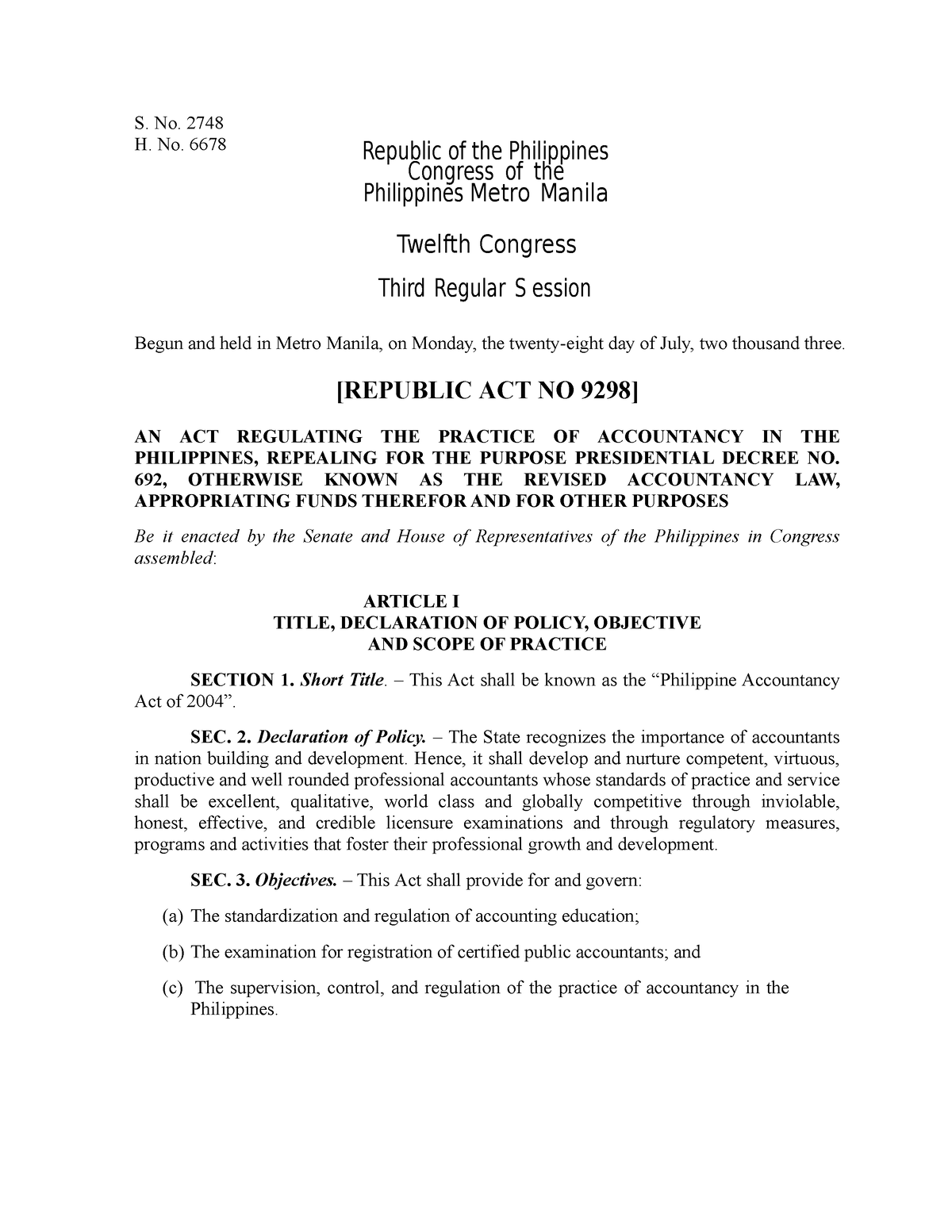 Philippine Accountancy Act of 2004 - BS Accountancy - Studocu