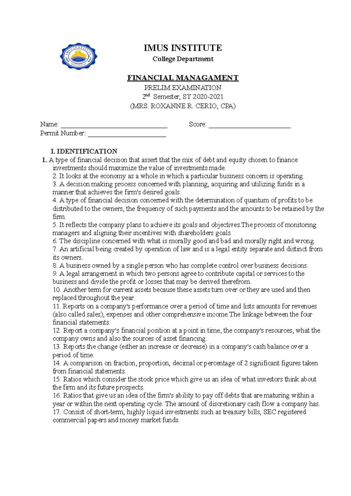 Fin Man Prelim Exam - IMUS INSTITUTE College Department FINANCIAL ...