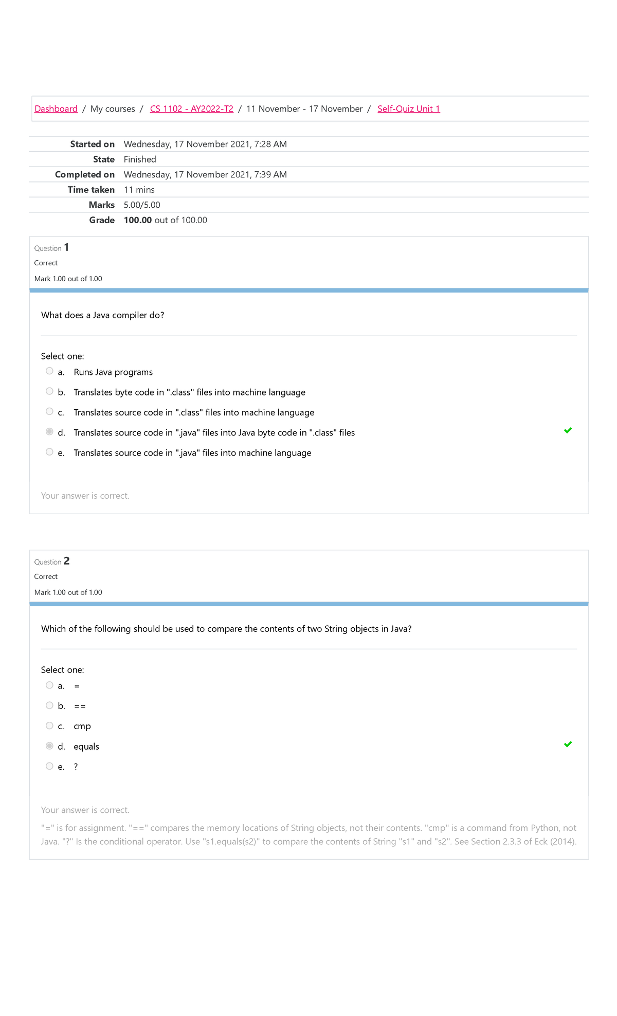 CS 1102 Self-Quiz Unit 1 Attempt review - Started on Wednesday, 17 ...