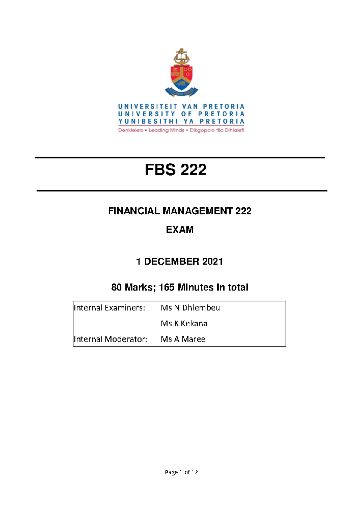 2021 FBS 222 EXAM final paper - FBS 222 FINANCIAL MANAGEMENT 222 EXAM 1 ...