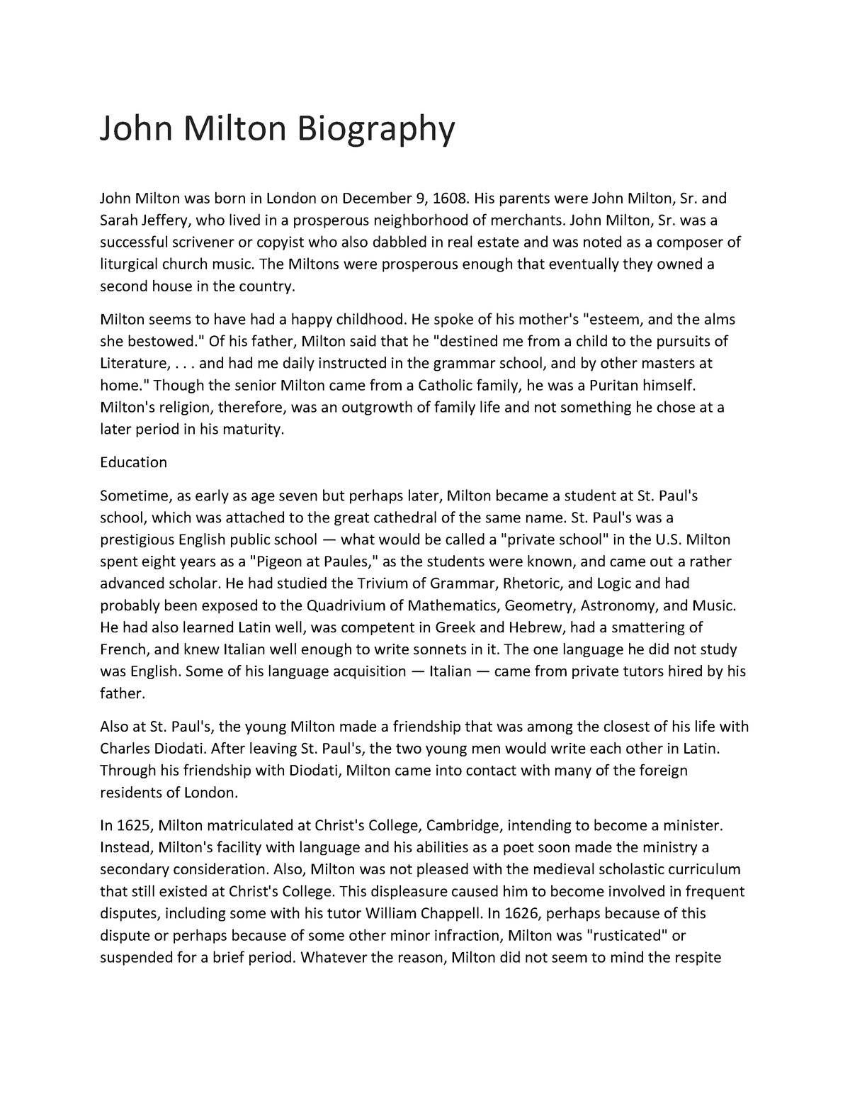 Biography of John Milton - John Milton Biography John Milton was born ...