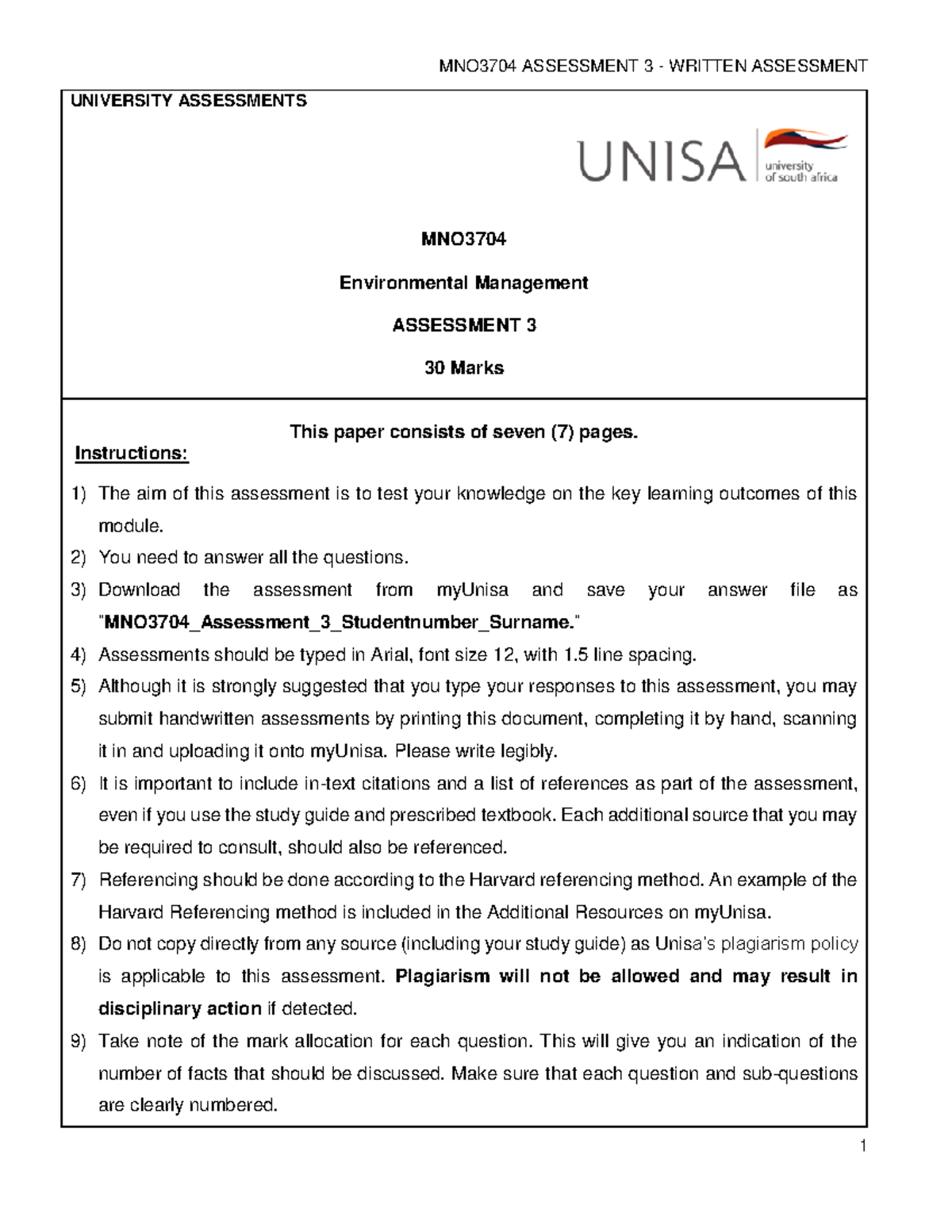 MNO3704 Assessment 3 - UNIVERSITY ASSESSMENTS MNO Environmental ...