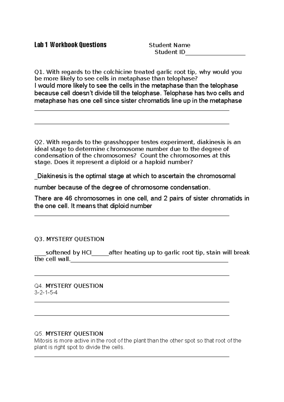 Lab quiz - lab quiz - Lab 1 Workbook Questions Student Name Student ID