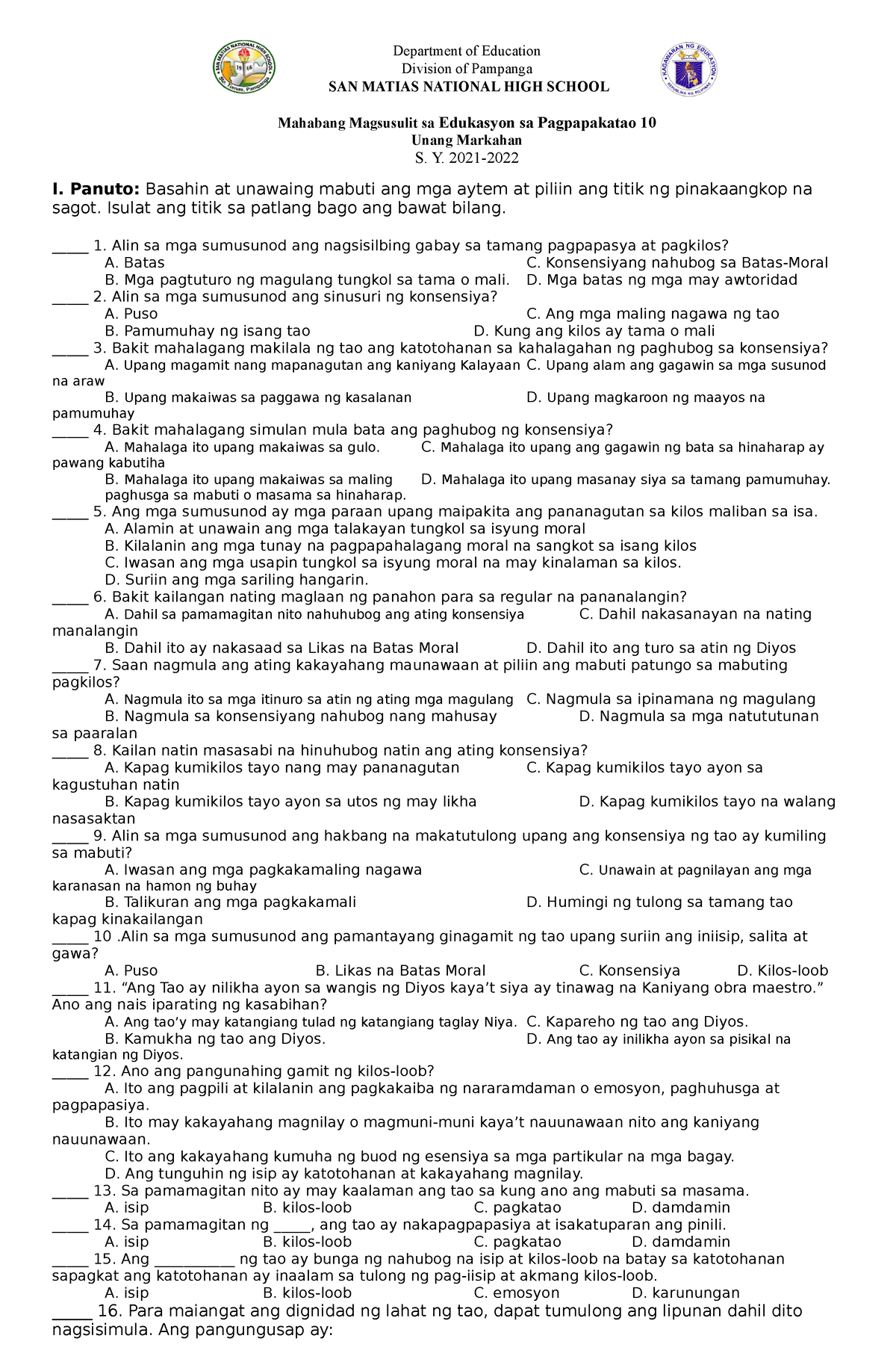 ESP 10 Q1 Summative Test - Department Of Education Division Of Pampanga ...