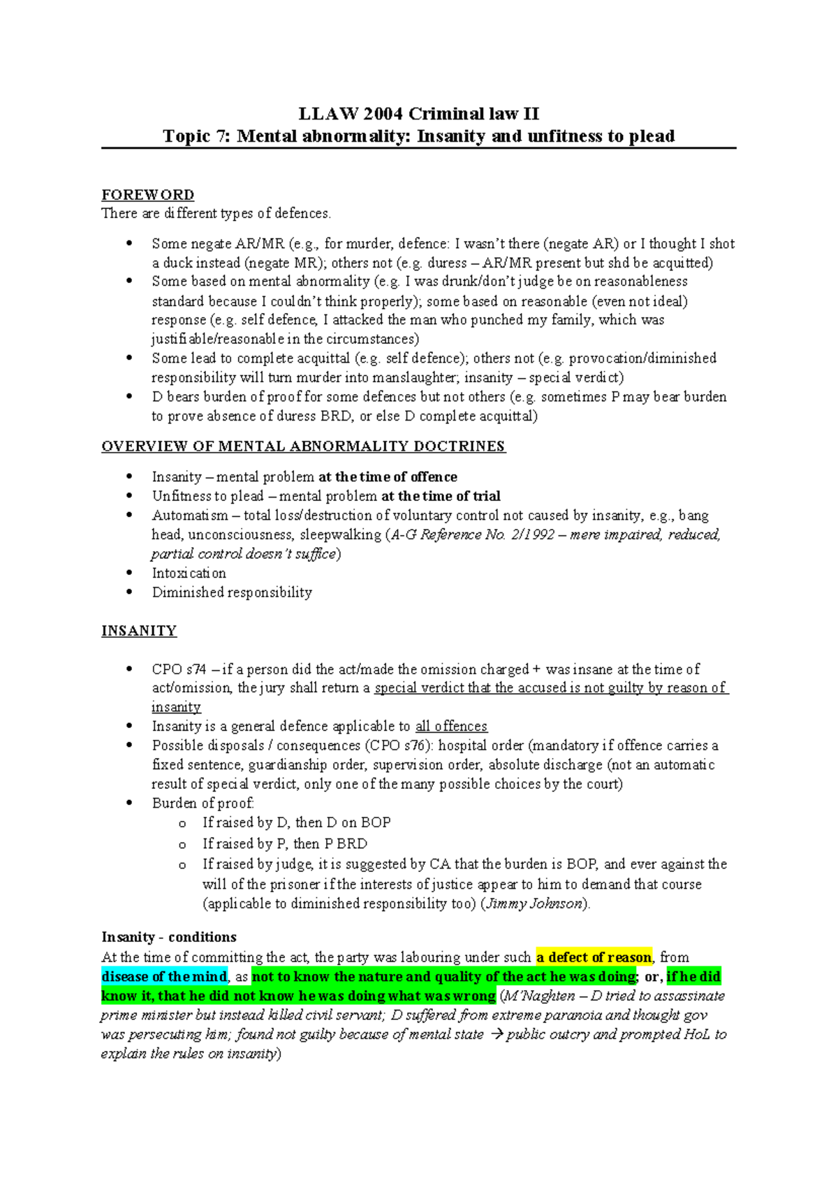 7 Notes Insanity and Unfitness to Plead - LLAW 2004 Criminal law II ...