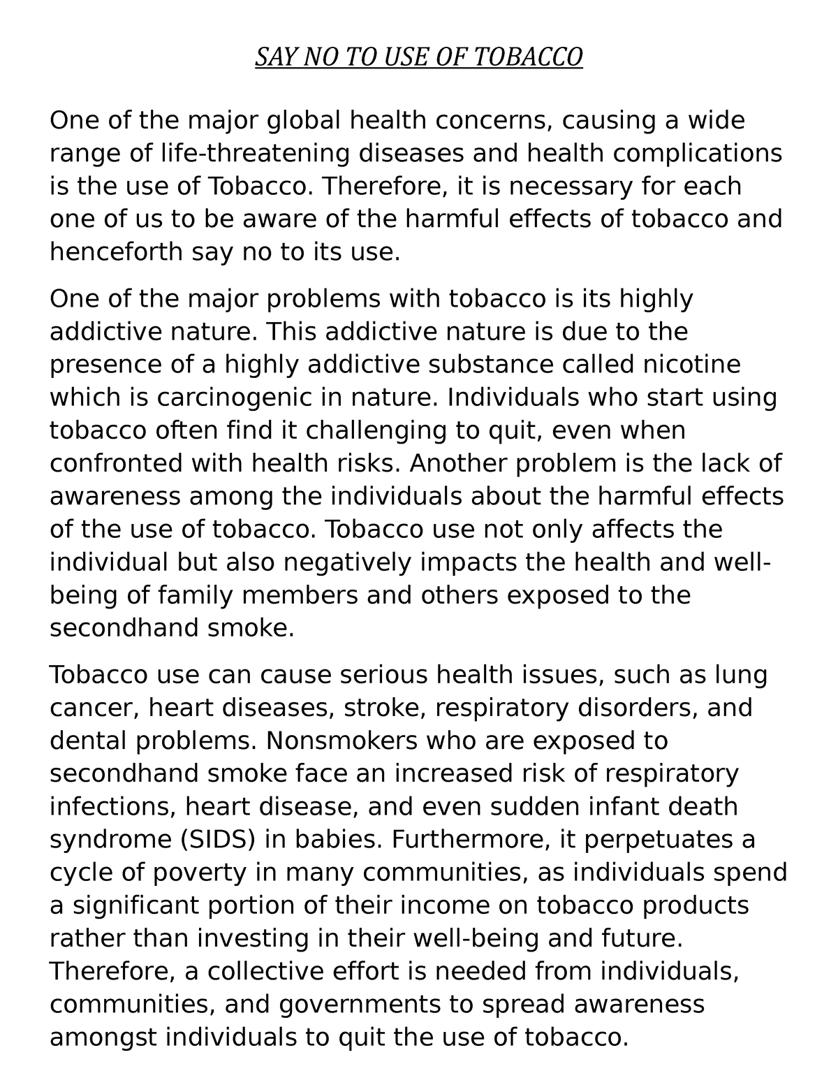 essay on no tobacco