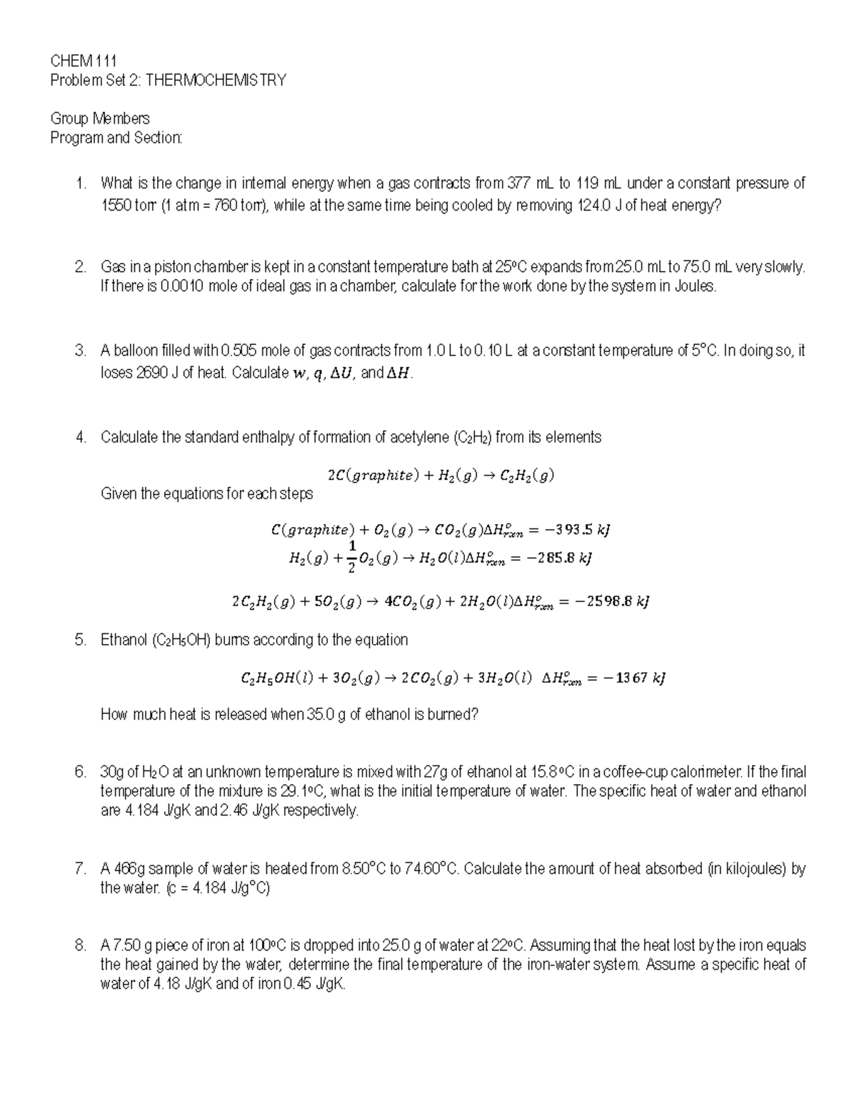 02 Probset 2 - Thermochemistry - CHEM 111 Problem Set 2 ...