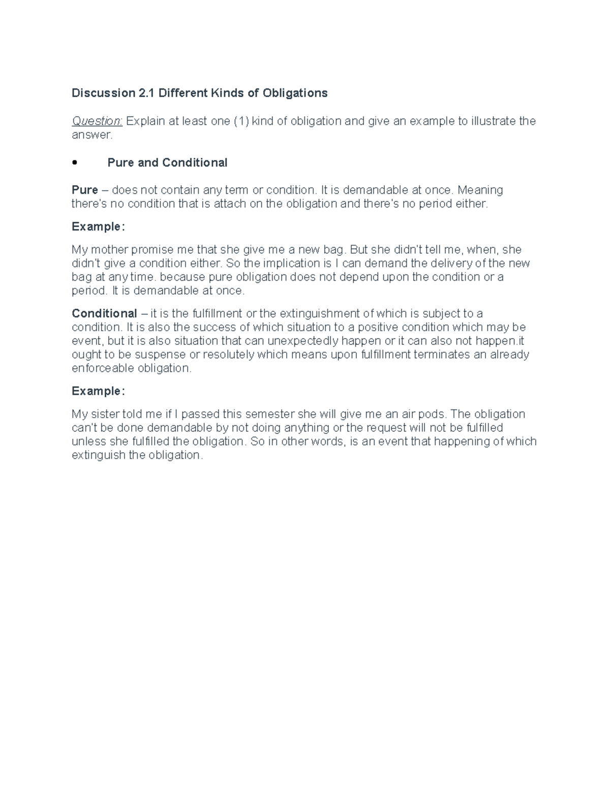 Discussion 2.1 Different Kinds of Obligations - Discussion 2 Different ...