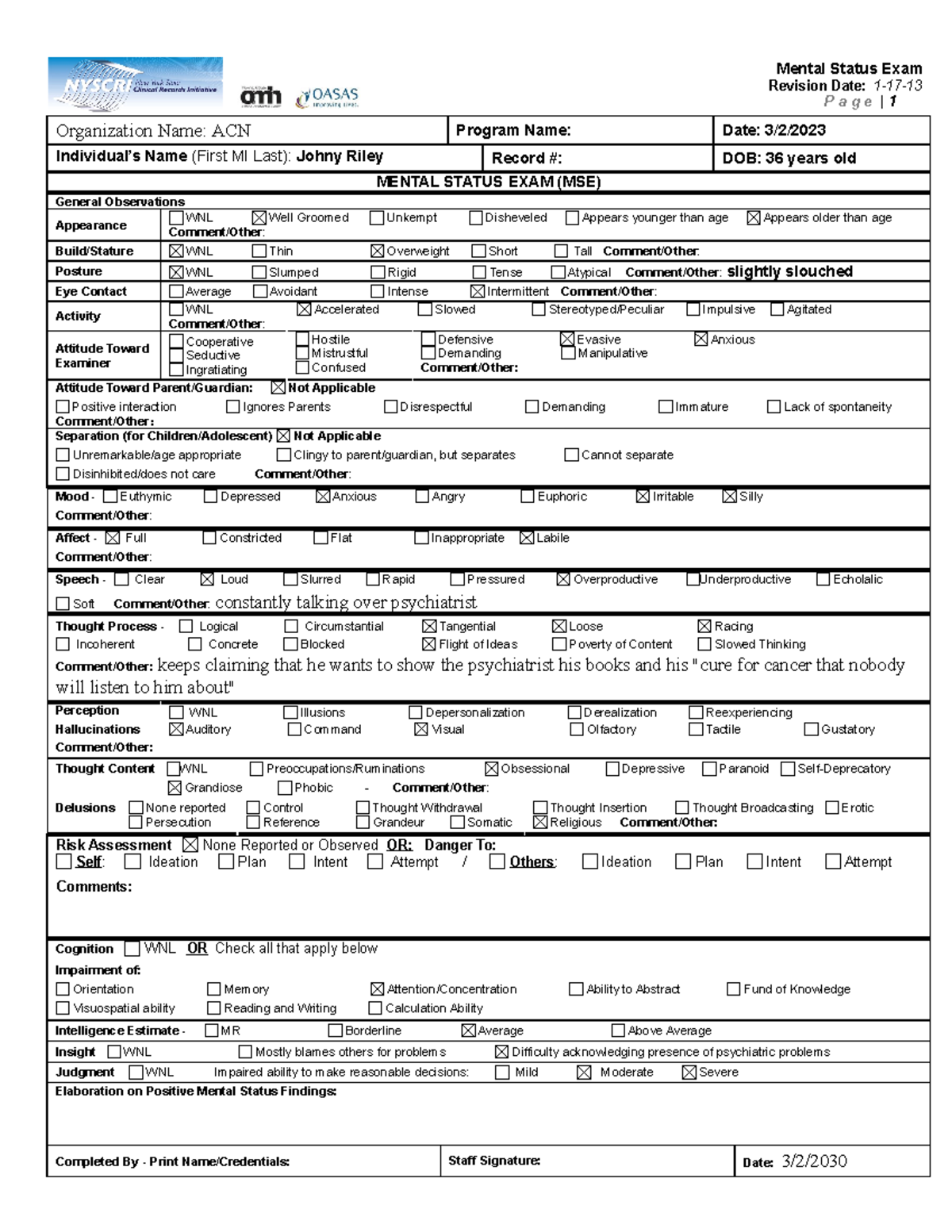 Bipolar Mental Status Exam - Mental Status Exam Revision Date: 1-17- P ...