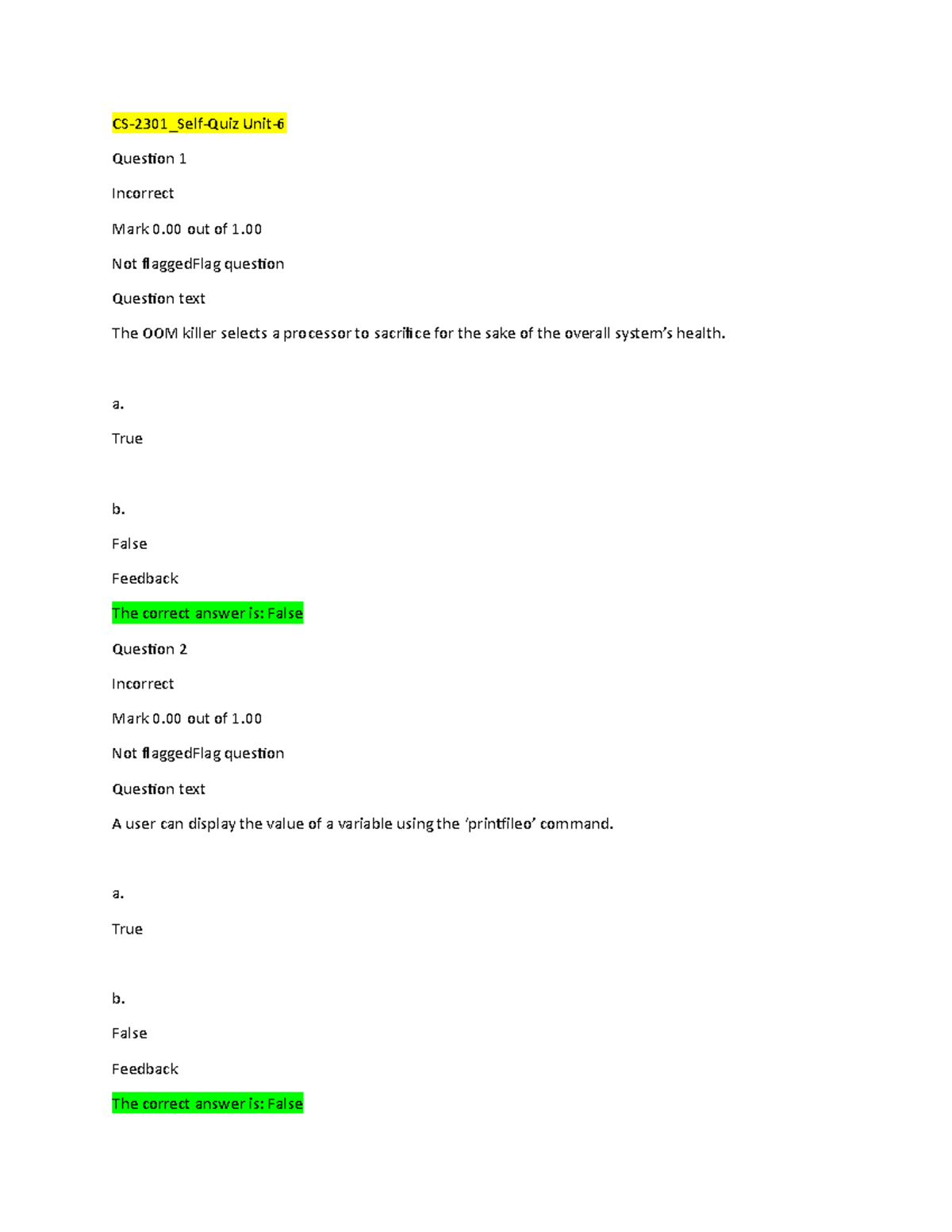 CS-2301 Self-Quiz Unit-6 - CS-2301_Self-Quiz Unit- Question 1 Incorrect ...