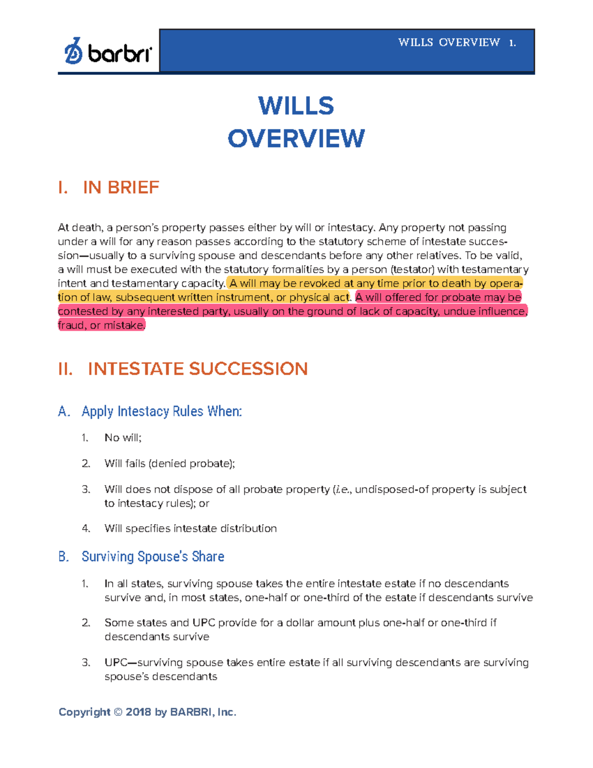 Wills Overview - WILLS OVERVIEW 1. WILLS OVERVIEW I. IN BRIEF At Death ...