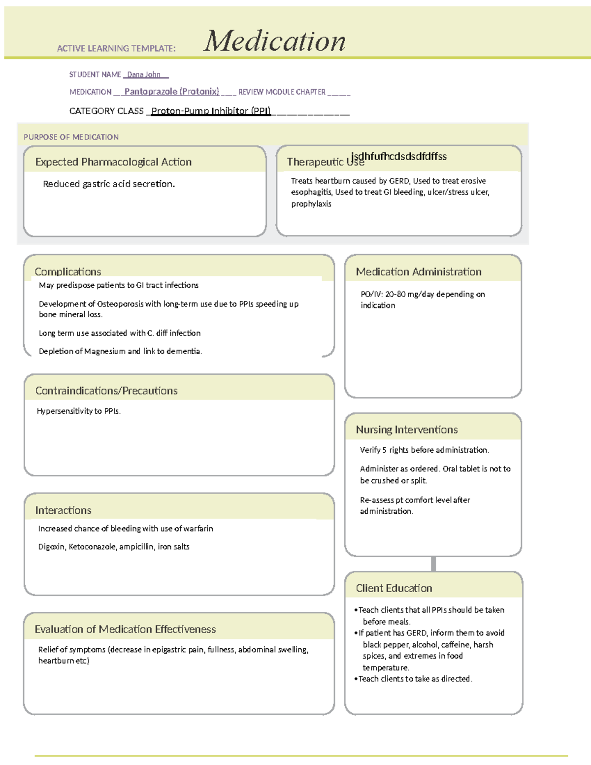 MED CARD - Protonix - med card - STUDENT NAME Dana John_ MEDICATION ...