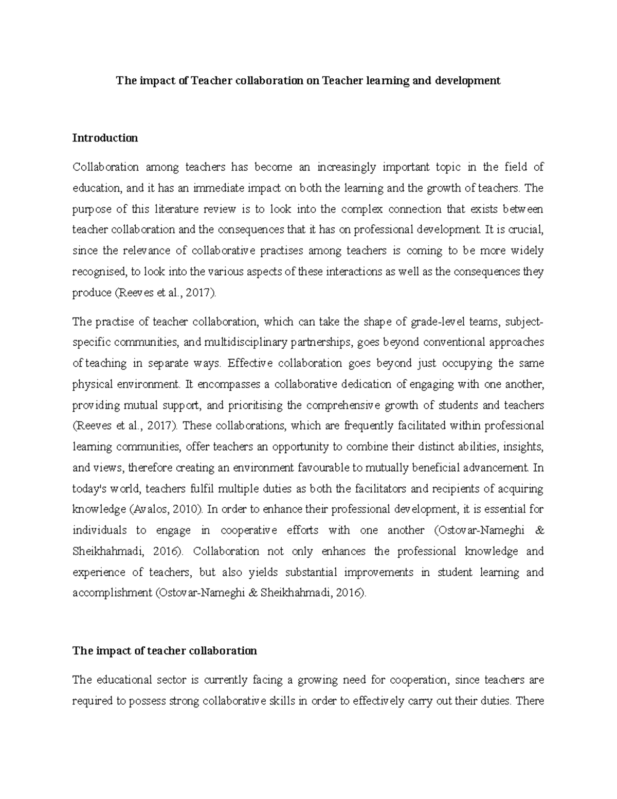 Teacher Collaboration - The purpose of this literature review is to ...