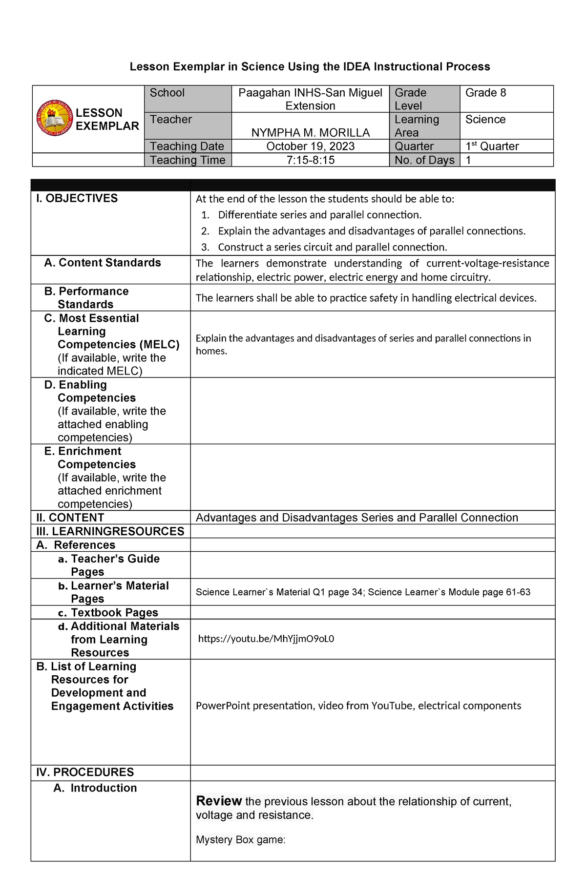 Science Second Quarter Lesson Plan Lesson Exemplar In Science Using The Idea Instructional 8409