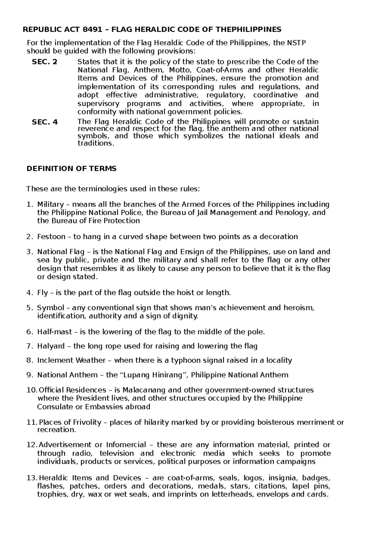 Nstp-module-2 - Educational Purposes - REPUBLIC ACT 8491 – FLAG ...